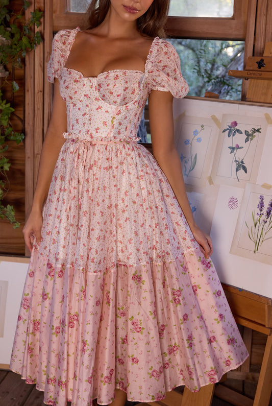 Pink Floral Print Off-Shoulder Puff Sleeve Tiered Midi Dress