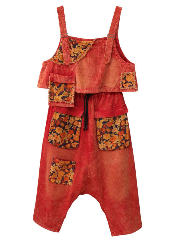 Fine Red Cinched Print Corduroy Two Pieces Set