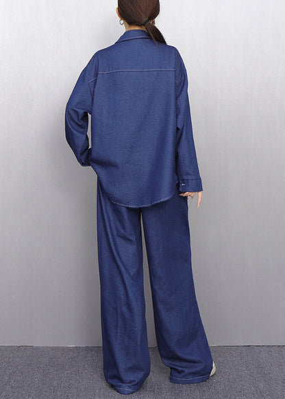 Colorful Floral Navy Button Shirts And Pants Denim Two Pieces Set Fall