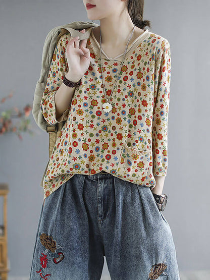 Plus Size - Floral  Knitted Casual Print Pocket Sweater
