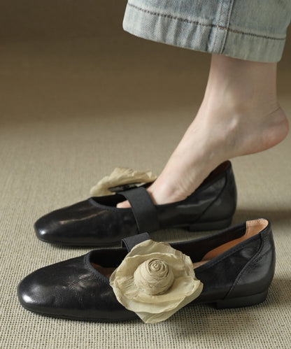 Women Floral Splicing Flats Brown Cowhide Leather