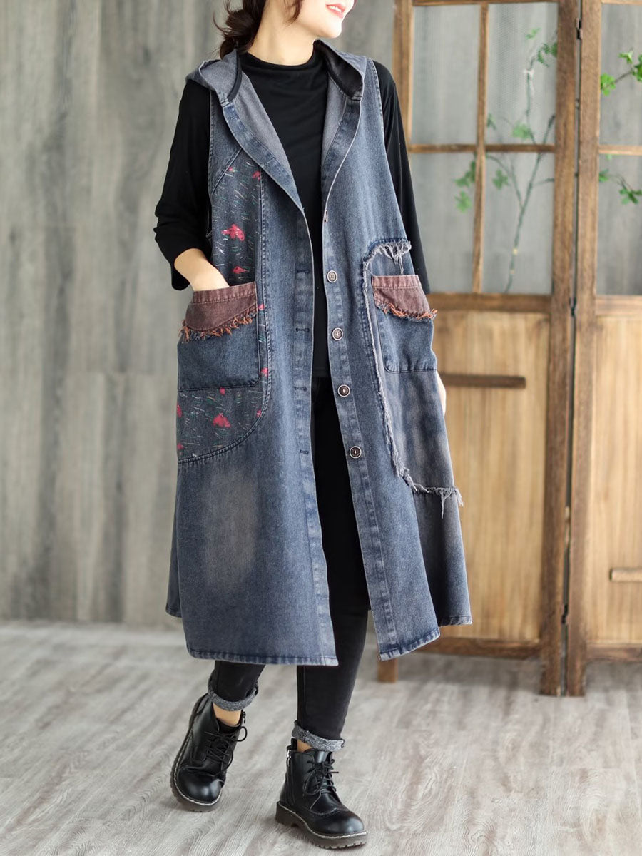 Women Vintage Patchwork Button Pocket Hooded Denim Vest