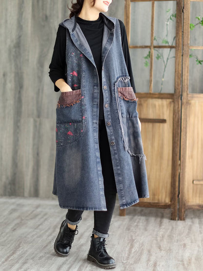 Women Vintage Patchwork Button Pocket Hooded Denim Vest