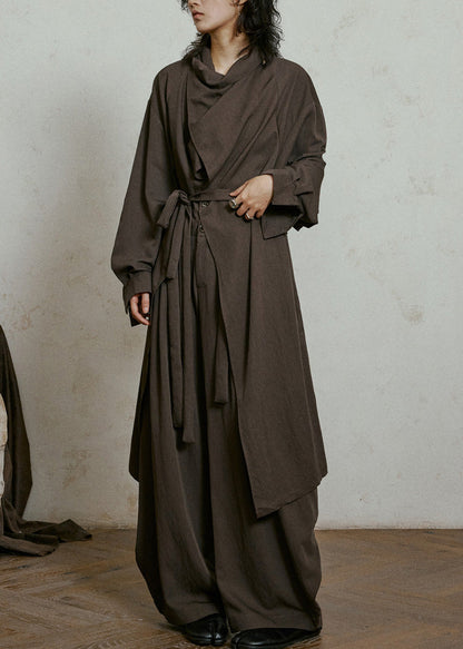 Plus Size Chocolate Bow Pockets Maxi Trench Coats Lantern Sleeve