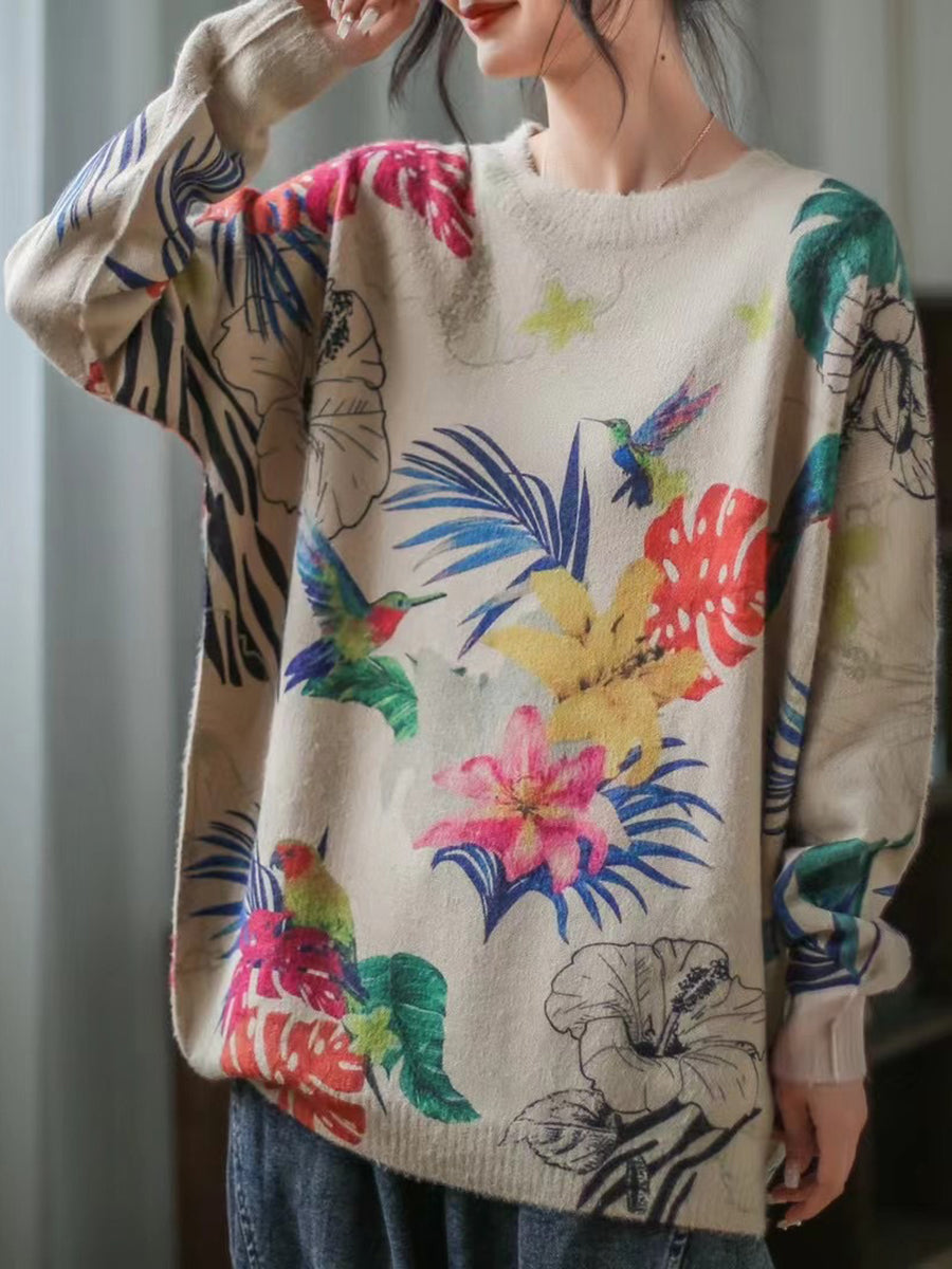 Women Long Sleeve Print Loose Casual Sweater