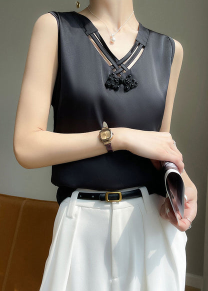 Elegant Black V Neck Hollow Out Silk Tank Sleeveless