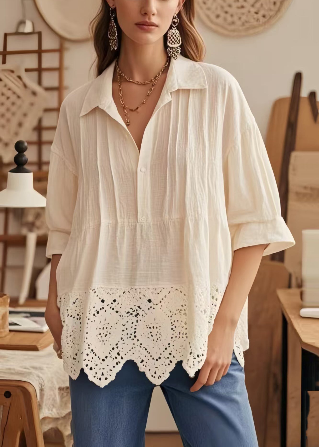 Chic Apricot Oversized Patchwork Lace Blouse Top Half Sleeve