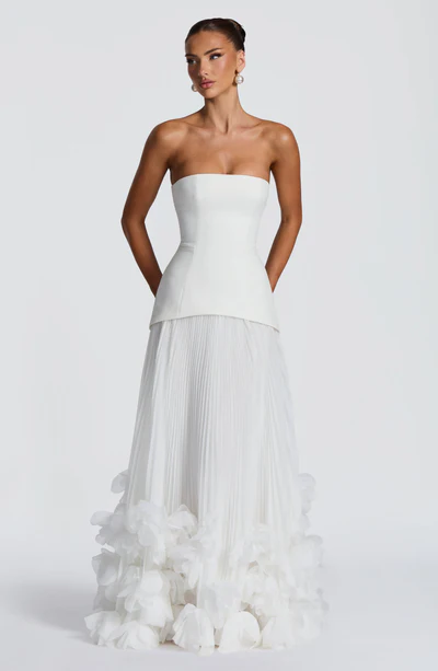 White Strapless Lace-Up Corset Pleated 3D Floral Hem Evening Gown