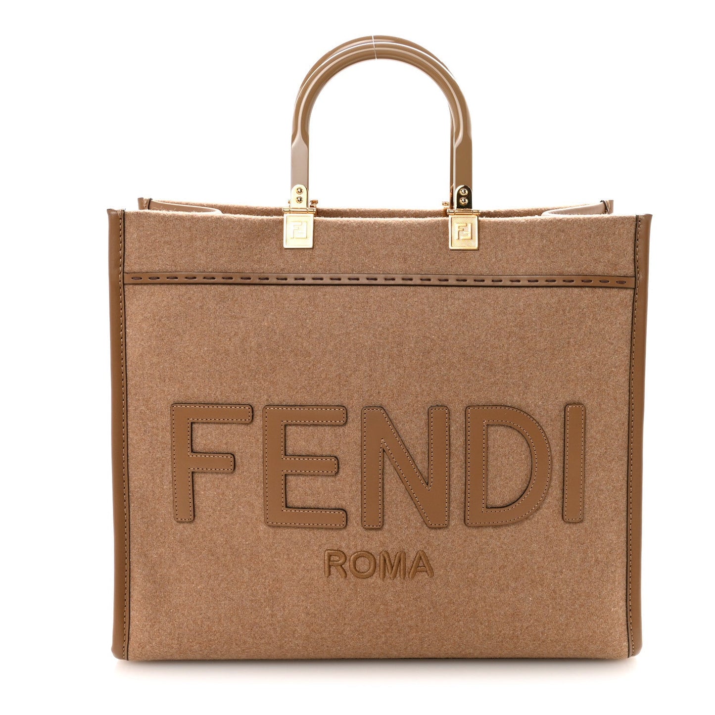 Flannel Vitello King Wool Plexiglass FF Logo Embroidered Medium Fendi Sunshine Shopper Tote Camel Sand