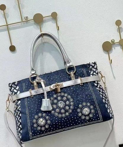 Chic Navy Rhinestone Large Capacity Denim Tote Handbag