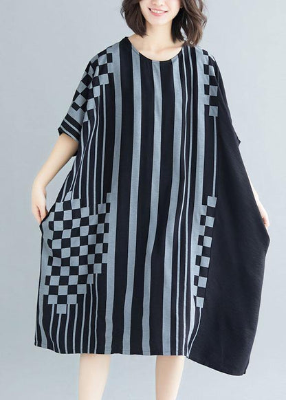 French black striped Cotton dresses o neck asymmetric Art summer Dress