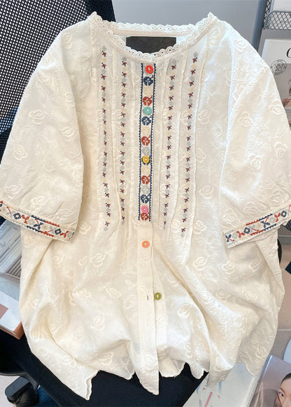 Women White Embroidered Lace Loose Shirts Summer