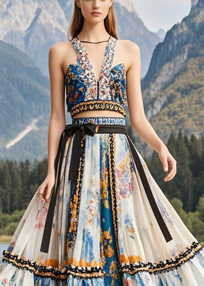 Elegant Apricot Ruffled Print Exra Large Hem Chiffon Skirts Fall
