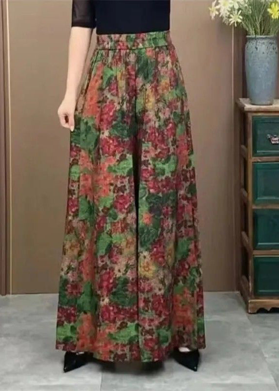 Plus Size Green Elastic Waist Print Ice Silk Wide Leg Pants