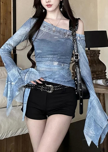 2025 New Off Shoulder Tulle Irregular Printed T-Shirt Flare Sleeve