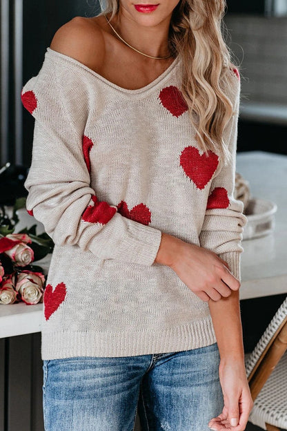 Heart Print V-Neck Knitted Sweater