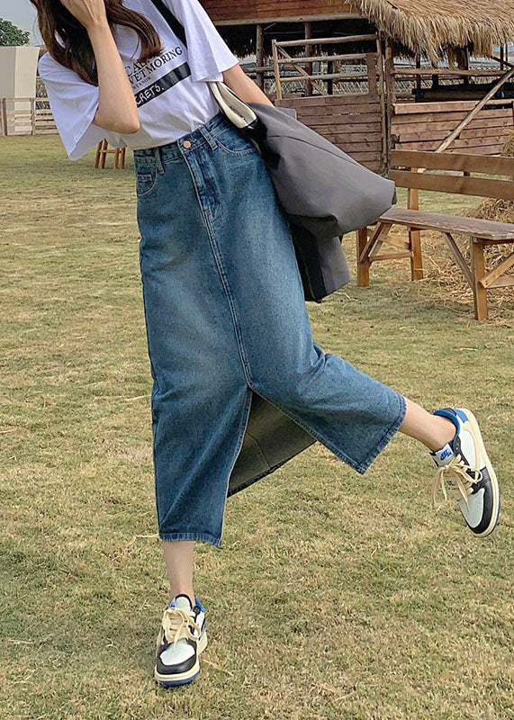 Fashion Denim Blue High Waist Side Open Cotton A Line Skirt Cozy