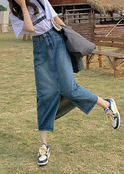 Fashion Denim Blue High Waist Side Open Cotton A Line Skirt Cozy