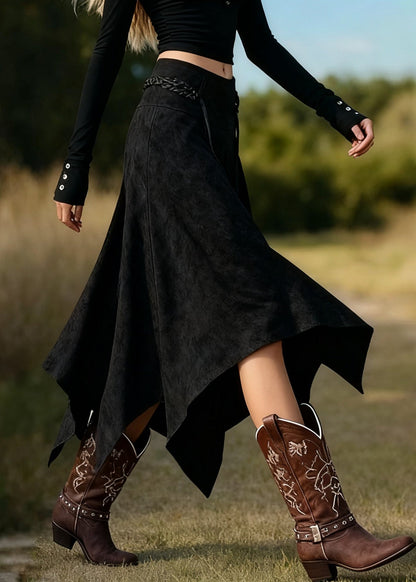 Vintage Coffee Asymmetrical Lace Up High Waist Faux Suede Skirts Spring