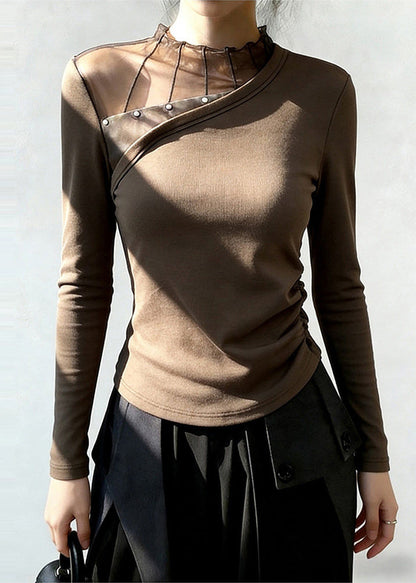 Women Brown Stand Collar Patchwork Wrinkled Cotton Blouse Top Spring