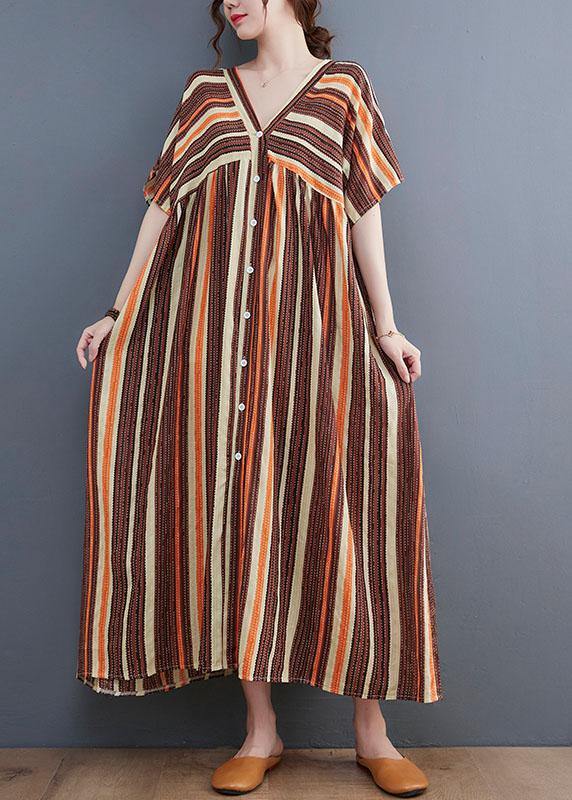 Fashion Orange Striped V Neck Patchwork Holiday Cotton Linen Dress