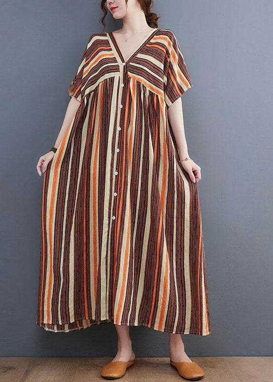 Fashion Orange Striped V Neck Patchwork Holiday Cotton Linen Dress