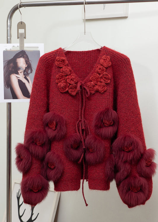 Lantern Red V Neck Floral Tie Waist Mink Hair Knitted Cardigan Long Sleeve
