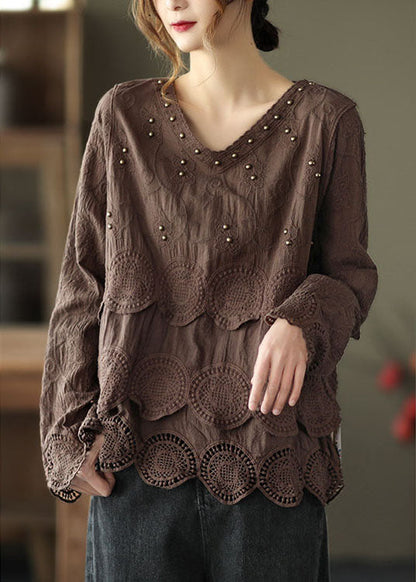 Plus Size Coffee Casual Embroideried Hollow Out Fall Long sleeve Shirt Tops