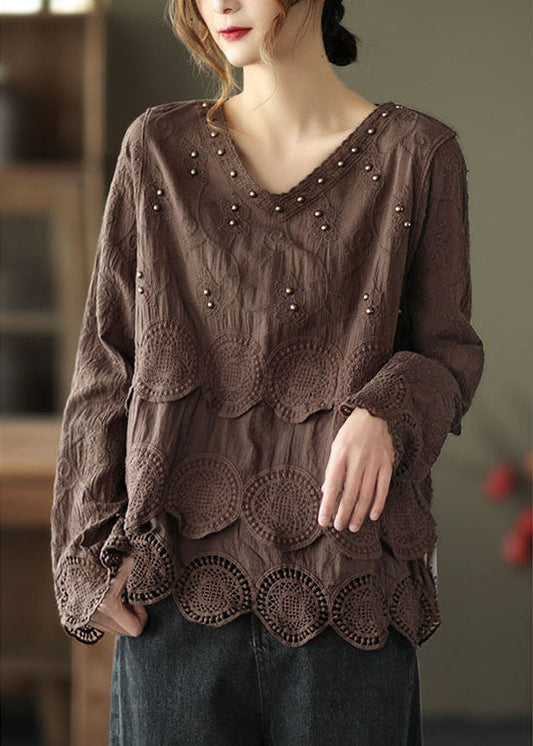 Plus Size Coffee Casual Embroideried Hollow Out Fall Long sleeve Shirt Tops