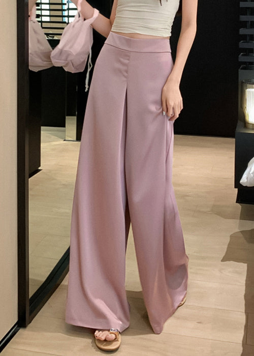 Simple Pink Solid High Waist Silk Wide Leg Pants Summer