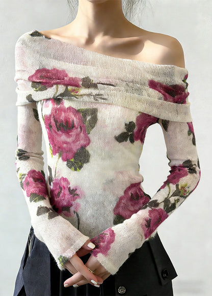 Fashion Slash Neck Print Knitting Cotton T Shirt Spring