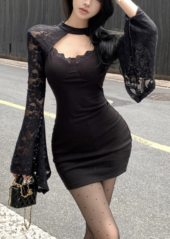 Fashion Black Wraped Patchwork Lace Mini Dress Spring