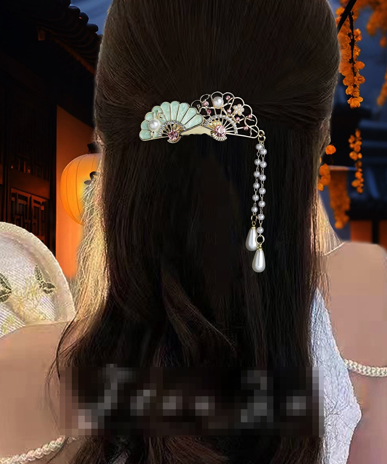 Style Light Green Alloy Zircon Pearl Hollow Out Fan-Shaped Tassel Hairpin