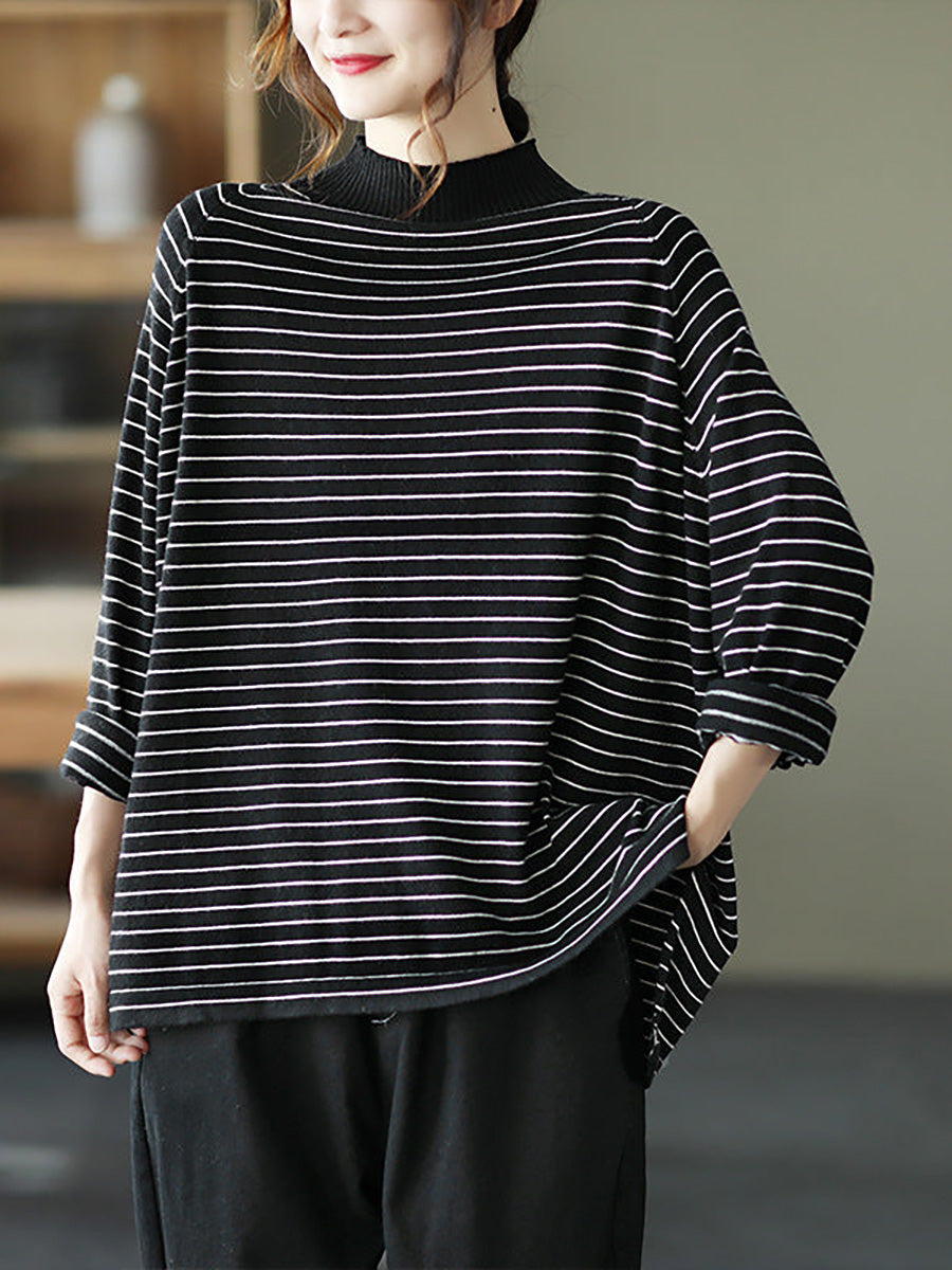 Plus Size - Stripes Turtleneck Knitted Long Sleeve Sweater
