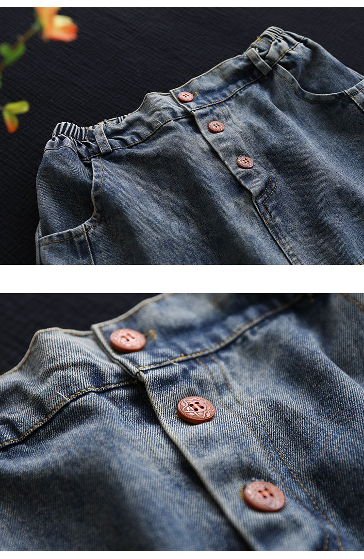 Vintage Denim Shredded Embroidered A-Line Skirt