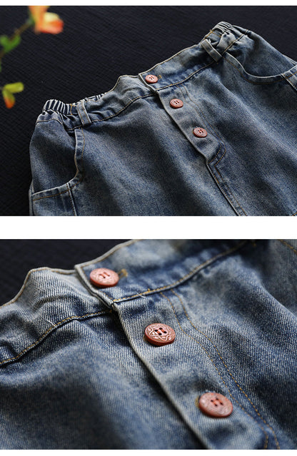 Vintage Denim Shredded Embroidered A-Line Skirt