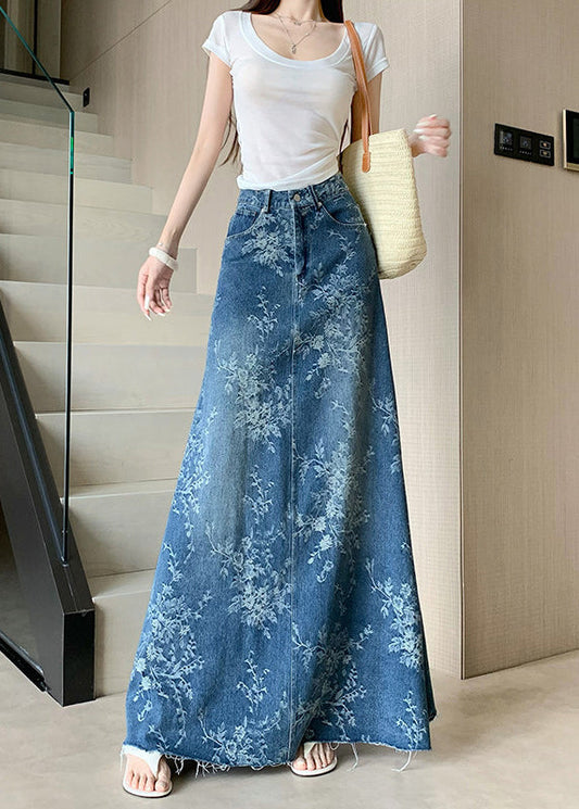 French Blue High Waist Embroidered Pockets Denim Skirts Fall