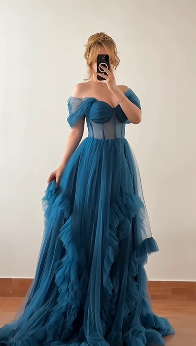 Sexy off-the-Shoulder Tube Top Mesh Solid Color Evening Dress