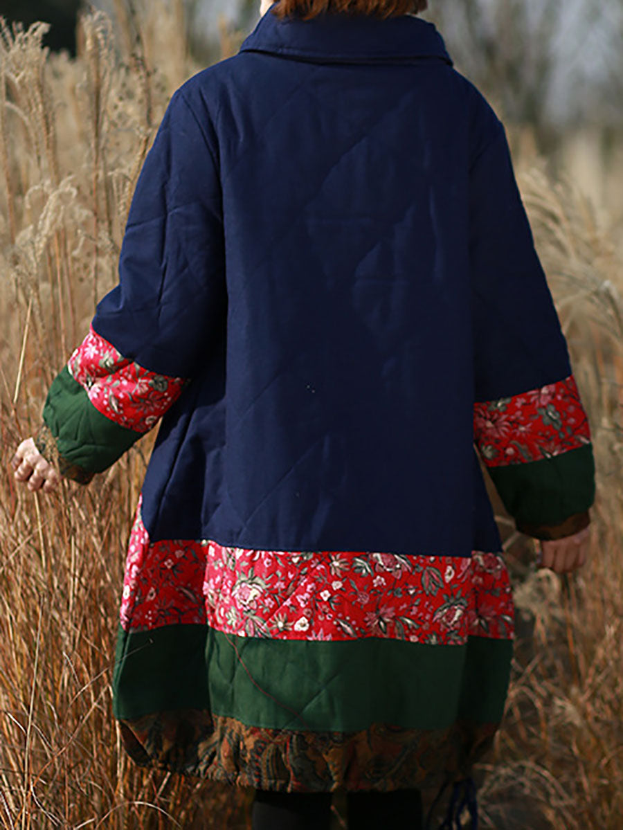 Women Winter Ethnic Patchwork Pocket Pullover Loose Coat
