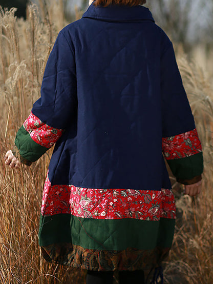 Women Winter Ethnic Patchwork Pocket Pullover Loose Coat