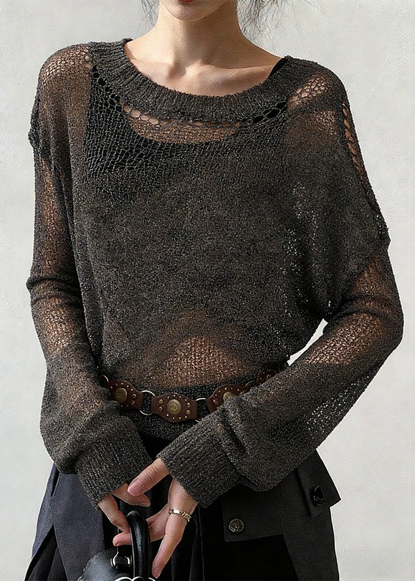 Grey Hollow Out Thin Knit Sweater O-Neck Spring