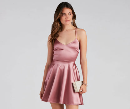 Stunning In Satin Skater Dress