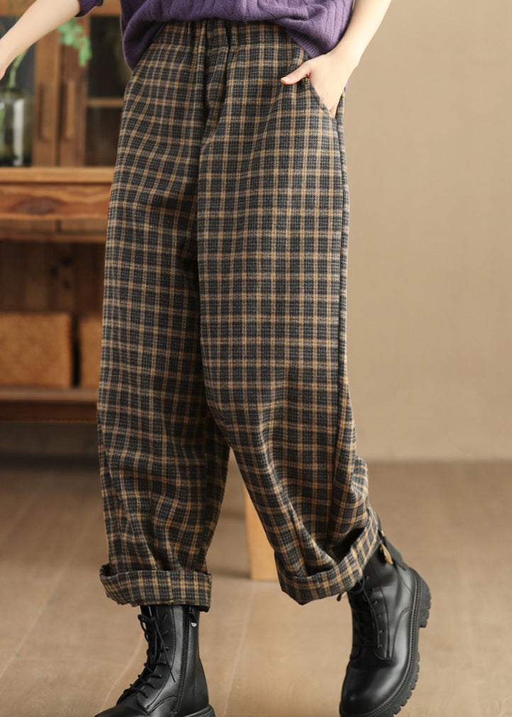 Casual Pockets Plaid Elastic Waist Trousers Spring