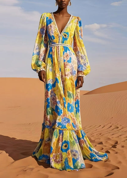Casual Yellow V Neck Print Chiffon Beach Dress Spring