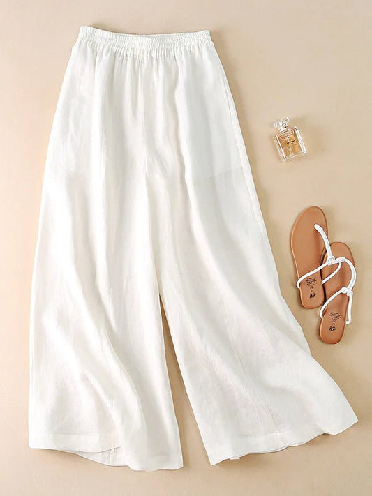 Loose Linen High Waist Solid Wide Leg Cropped Pants
