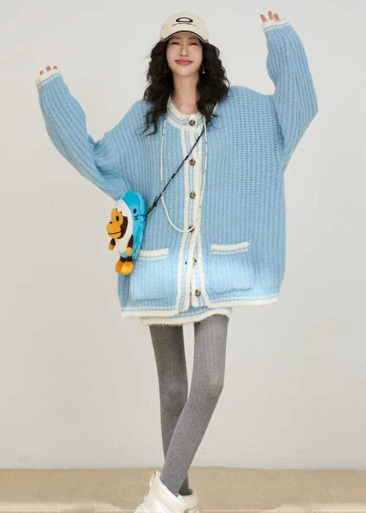 Style Sky Blue Oversized Pockets Knit Two Pieces Set Winter
