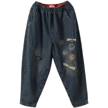 Women Loose  Retro Dragonfly Emboridery Cotton Jeans