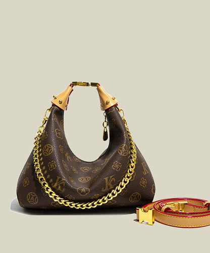 Chic Brown Jacquard Chain Linked Faux Leather Tote Handbag