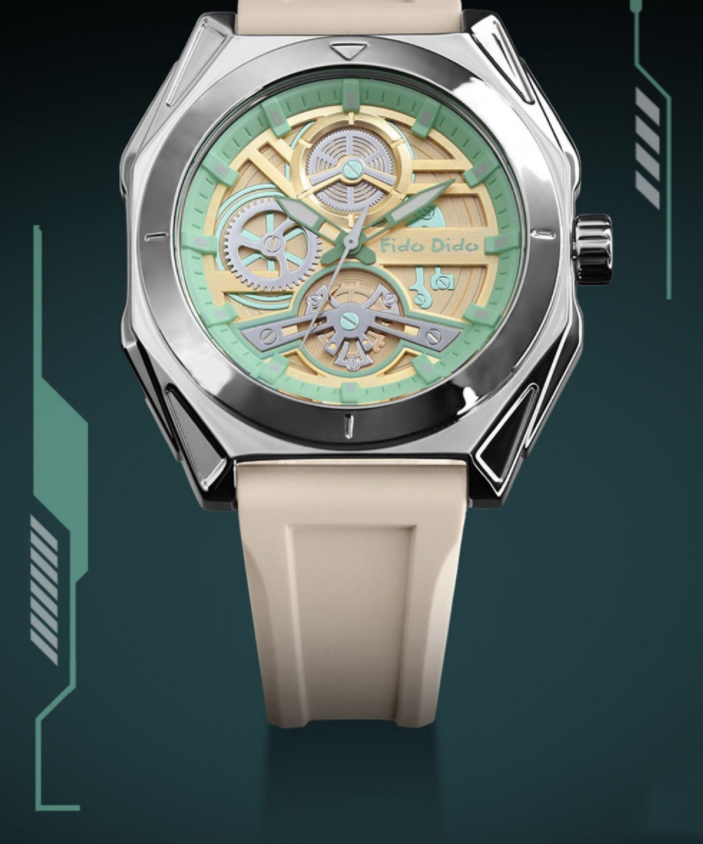 Chic Beige Silicone Rubber Sapphire Crystal Waterproof Watches