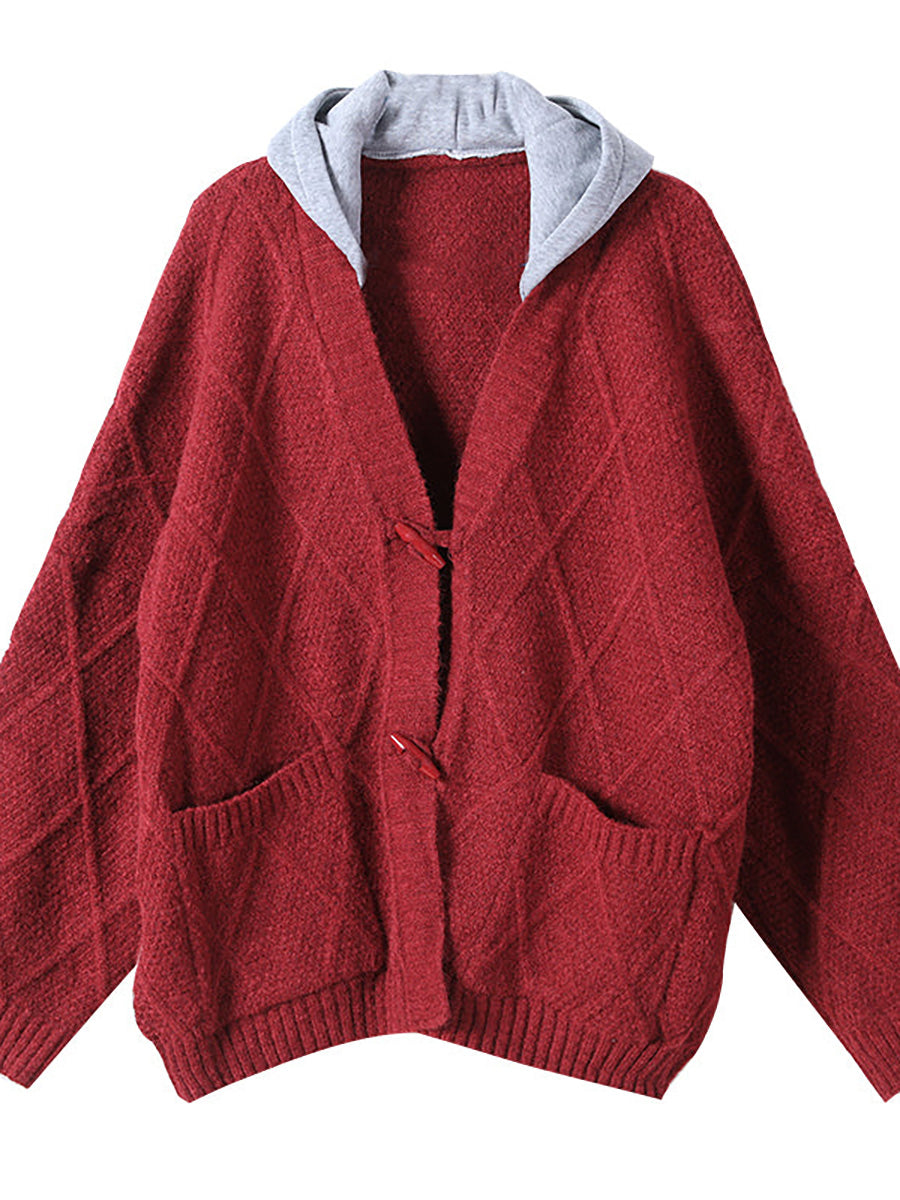 Plus Size - Hooded Knitted Pocket Patchwork Sweater Coat